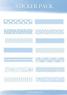 a set of blue and white washi tapes with the words sticker pack on them