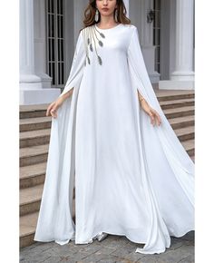 Get 10% off now! Buy flowy long white batwing sleeve muslim evening party dress at cheap price online. Free stable shipping and pro custom service since 2009. Flowy Cape Dress For Party, Spring Banquet Long Maxi Dress, Spring Party Dresses With Cape Sleeves, Spring Evening Cape Dress, Elegant Spring Maxi Dress With Cape, Spring Party Maxi Dress With Cape Sleeves, White Cape Dress For Spring, Spring Evening Cape Maxi Dress, White Festive Long Abaya