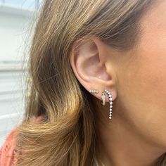 EF Collection Earrings that look and feel like a waterfall, we are in love with these sparkly new arrivals. Sure to add sparkle to any outfit, these diamond drop earrings are the perfect special occasion piece. Five diamonds sit still on a 14K gold curve, while the remaining 6 diamonds dangle from the ear to create eye catching movement. Party Diamond Drop Earrings With Brilliant Cut, Glamorous Diamond Dangle Earrings, Glamorous Dangle Diamond Earrings, Silver Diamond Ear Climbers, Fine Jewelry Sparkling Diamond Earrings, Elegant Silver Ear Climbers With Diamond Accents, Single Dangle Diamond Earring, Elegant Silver Diamond Ear Climbers, Single Diamond Dangle Earring