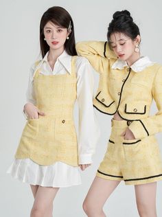 ❤Milky yellow suspender dress❤︎ Yellow 2 Piece Outfit, Yellow Outfits Aesthetic, Yellow Aesthetic Outfit, Sun Powers, Yellow Outfit Aesthetic, Yellow Dress Outfit, Yellow Outfits, Yellow Jumper, Color Outfits