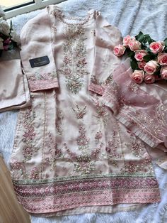 Organza Embroidered, handwork and moti work custom stitched suits with Organza Embroidered frill dupatta and santoon inner and bottom. Pink Pakistani Dress, Frill Dupatta, Simple Suit Designs, Dress Design Pakistani, Traditional Baby Clothes, Moti Work, Desi Dress, Organza Suits, Pakistani Suits Online