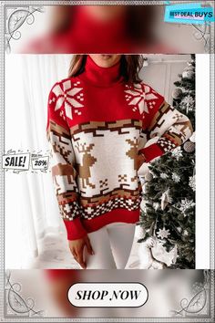 Loose Christmas Winter Turtleneck Elk Knitted Sweater Winter Turtleneck, Christmas Winter, Knitted Sweater, Elk, Knitted Sweaters, Sweaters For Women, Turtle Neck, Womens Tops, Best Deals