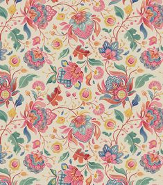 an image of a flowery pattern on a wallpaper background in pink, blue and yellow