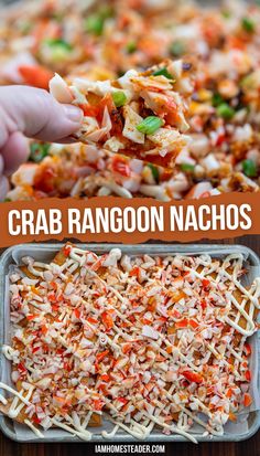 Two images of crab rangoon nachos, the first is a hand holding a nacho and the second is a tray of nachos from an overhead perspective. Wonton Wrapper Chips, Garlic Chili Oil, Cream Cheese Sauce, Crispy Wonton, Wonton Recipes, Crab Rangoon, Crab Recipes, Chili Oil