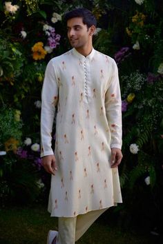 Antique white chanderi kurta with pintucked detailing and floral hand block print. Comes with trouser. - Aza Fashions Traditional Off-white Kurta With Printed Motifs, Traditional Handloom Kurta For Spring, Spring Sherwani In Chanderi Fabric, Spring Chanderi Sherwani, Fitted White Handloom Kurta, Transitional White Kurta With Printed Motifs, Hand Printed Kurta For Men, Printed Mens Kurta, White Floral Print Kurta