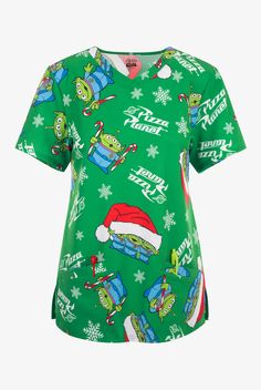 FUNSCRUBS Disney s Toy Story Christmas Women s 2-Pocket STRETCH V-Neck Print Scrub Top. Whimsical Toy Story holiday print with aliens in Christmas hats and snowflakes on a Kelly green background. • Classic Fit • V-neck • 2 front angled welt pockets • Short sleeve • Side vents • Back yoke • Approximate length for size M is 27 3 4 • Manufacturer style IMTSO005A-KGR Each style in our Funscrubs Cartoon collection is made with soft, lightweight fabric to keep you cool and comfortable during your day. Toy Story Christmas, Maternity Scrub Pants, Maternity Scrubs, Background Classic, Christmas Scrubs, Scrub Style, Christmas Hats, Scrub Jackets, Medical Uniforms