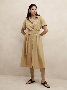 Poplin Midi Shift Shirtdress | Banana Republic Factory Classic Collared Shirt Dress With Button Cuffs, Formal Collared Shirt Dress With Placket, Classic Spread Collar Dress For Work, Collared Neckline Shirt Dress With Placket For Workwear, Collared Shirt Dress With Placket For Work, Classic Shirt Dress With Rolled Sleeves For Daywear, Classic Collared Dresses For Work, Workwear Shirt Dress With Spread Collar And Placket, Cotton Shirt Dress With Belted Cuffs