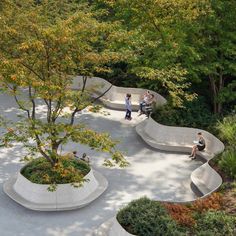 several people sitting on concrete benches in a park with trees and bushes around them,