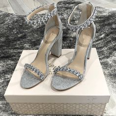 Beautiful Jeweled Block Heels In The Color Silver Glitter. Full Back-Zip Closure. Heels Are Brand New In Original Box. Extra Jewel Embellishments Included. Blush Pumps, Glitter Wedding Shoes, Badgley Mischka Shoes Wedding, Teal Heels, Silver Wedding Shoes, Gold Strappy Heels, Jeweled Heels, Badgley Mischka Shoes, T Strap Heels