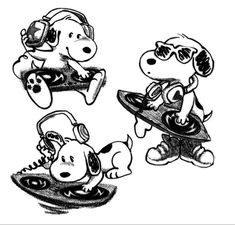 three cartoon dogs with headphones and skateboards, one is riding on the ground