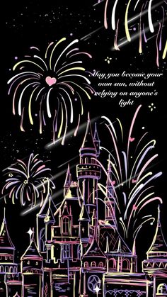 fireworks in the sky over a castle with a quote on it that reads, happy new year