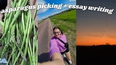 two photos one with asparagus and the other with writing on it that says, askapagus picking + easy writing