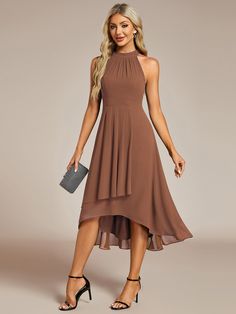 Midi Halter Neck Chiffon Wedding Guest Dress with Sleeveless and A-Line #color_Brown Midi Wedding Guest Dress, Goddess Gown, Wedding Guest Looks, Ever Pretty, Affordable Dresses, Guest Dress, Tea Length Dresses, Ethereal Beauty, Wedding Guests