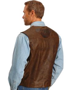 Kobler Tooled Leather Vest, Acorn Rugged Brown Vest For Fall, Western Leather Vest For Fall, Western Style Brown Vest For Fall, Western Brown Vest For Fall, Brown Western Vest For Fall, Rugged Leather Vest Outerwear, Fitted Leather Vest With Rugged Style, Rugged Leather Sleeveless Vest, Fitted Leather Vest In Rugged Style