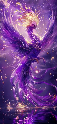 a painting of a purple bird flying in the air with water and sparkles around it