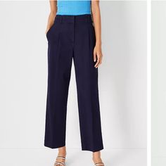 Topped With A Flattering High Waist, Our Pleated Chino Straight Ankle Pants Have Go-Anywhere, Anytime Style. Front Zip With Double Hook-And-Bar Closure. Belt Loops. Button Waist Tabs. Front Pleats. Front Off-Seam Pockets. Back Patch Pockets. Fit Fit: Tailored & Fitted Rise High Rise: Sits 1/2" To 1" Below Natural Waist Length Hits At Ankle: 27" Inseam With 18" Leg Opening Leg Shape Leg Shape: Straight A Leg-Skimming Shape With Tailored, Timeless Versatility Fabric & Care 98% Cotton, 2% Elastane; Navy Straight Leg Pants For Spring, Navy Pants For Business Casual In Spring, Navy Ankle-length Pants For Spring, Tailored Blue Wide Leg Pants For Work, Blue Tailored Wide Leg Pants For Work, Summer Blue Ankle-length Dress Pants, Chic Blue Dress Pants With Welt Pockets, Blue Dress Pants For Business Casual Summer, Blue Summer Dress Pants