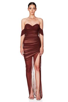 FREE 2-3 DAY SHIPPING USA WIDE. The Nookie Dita Mesh Gown in Black/Nude is a romantic strapless off shoulder gown, featuring gorgeous ruched panels. Stunning bodice with exposed structuring. Soft jersey with flattering ruched mesh chiffon overlay. Invisible zipper at center back with rose gold Nookie puller. Model is 5'9" and wears a size SMALL Runs true to size Fabric: Jersey fabric with mesh chiffon overlay Designed and Made in Australia FREE 2-4 SHIPPING USA WIDE Mesh Gown, Off Shoulder Gown, Chiffon Overlay, Fantasy Gowns, Model Pictures, Express Dresses, Club Dresses, Bandage Dress, Invisible Zipper