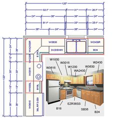 a drawing of a kitchen with the measurements for each cabinet and countertop area in it