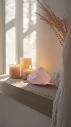 A photorealistic image of a rose quartz crystal on a wooden shelf beside lit candles in a light, airy bedroom. Emphasize minimalism, soft colors, and harmony. No text included! Yoga Room, Human Design, Crystal Gems, Mantra, House Interior, Gems, Moon, Make It Yourself, Crystals