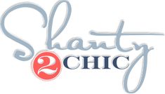 the logo for shanty chic 2 is shown in blue and red letters on a white background