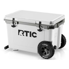 a white cooler with black wheels and the words rtic on it