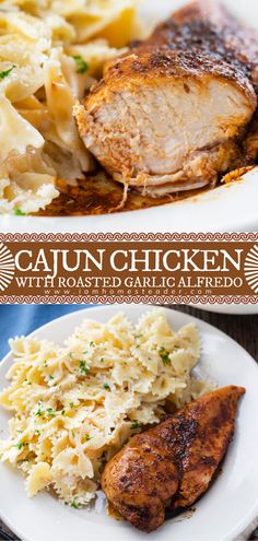 two plates with chicken, pasta and macaroni salad on them next to an advertisement for cajun chicken with roasted garlic alfredo