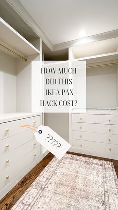 a white closet with drawers and a rug on the floor that says how much did this ikea pax hack cost?