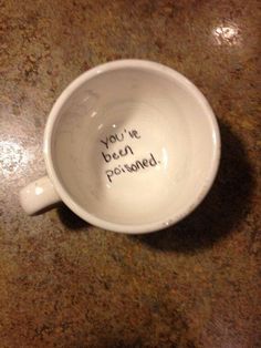 a coffee cup with writing on it sitting on a counter top that says you've been prospered