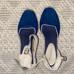 Newnever Worn Blue Suede Toe, Slight Wedge Sole Size 39, Fits Like 8.5 Blue Leather Espadrilles For Beach, Blue Leather Espadrilles For The Beach, Blue Leather Beach Espadrilles, Blue Leather Closed Toe Espadrilles, Blue Closed Toe Platform Espadrilles, Blue Wedge Heel Espadrilles For Summer, Blue Platform Closed Toe Espadrilles, Blue Wedge Heel Espadrilles For Beach, Blue Ankle Strap Wedge Sandals With Removable Insole