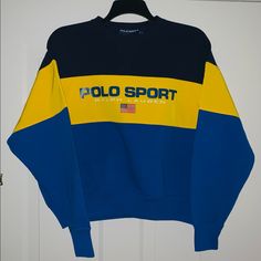 Polo Sport Colorblock Sweatshirt Size S - 24in Pit To Pit/23in Top To Bottom Brand New With Tags $160 Yellow Long Sleeve Top With Contrast Color, Blue Sporty Sweatshirt With Contrast Color, Sporty Blue Patchwork Tops, Sporty Blue Color Block Sweatshirt, Yellow Patchwork Crew Neck Top, Yellow Long Sleeve Sporty Sweatshirt, Yellow Color Block Cotton Sweatshirt, Yellow Cotton Color Block Sweatshirt, Yellow Color Block Long Sleeve Top