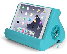 an ipad and tablet holder is shown on the back of a blue arm rester