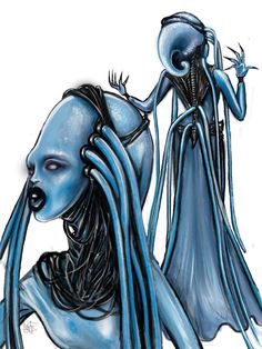 a drawing of two alien women with long hair