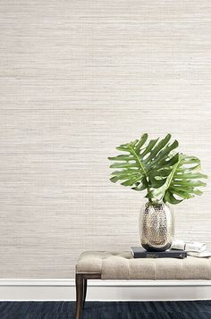 a plant sitting on top of a wooden bench in front of a wallpapered room