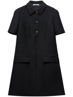 black wool classic collar short front button fastening two front flap pockets short sleeves straight hem Prada Mini, Prada Dress, Prada Fashion, City Dress, Twill Weave, Midi Shirt Dress, Summer Beach Wear, Woven Dress, Wool Dress