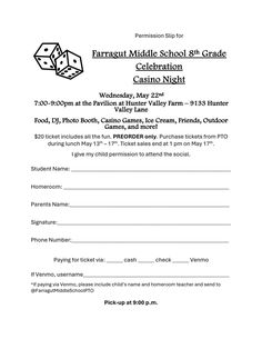 a flyer for the fairground middle school 8th grade casino night