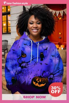 Halloween Pumpkin Bat Print Long Sleeve Pockets Winter Fall Hooded Sweatshirt Bat Graphic, Bat Silhouette, Patchwork Denim Jacket, Bat Print, Halloween Long Sleeve, Pocket Storage, Printed Sleeveless Blouse, Sweatshirts Pattern, Warm Autumn