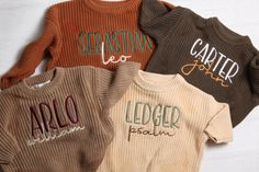 This personalized embroidered chunky knit sweater makes a perfect baby shower, birthday, or any occasion gift for a baby!  This sweater is both comfy & cozy which is PERFECT during the chilly seasons but can also be worn on the beach during sunset or while just lounging at home.   Your sweater will be embroidered with the name or words of your choice, in the fonts shown in the photos. Please note: These sweaters are meant to fit oversized. If you would like your sweater more fitted size down. Baby Christmas Sweater, Baby Name Announcement, Name Announcement, Baby Boy Sweater, Pull Bebe, Toddler Sweater, Personalized Baby Boy