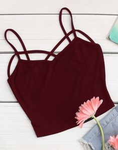 Spaghetti Strap Crop Cami - Some Stretch - Slim Fit Color: Burgundy Materials: 92% Rayon 8% Spandex Casual Crop Tops, Cami Outfit, Spaghetti Top, Crop Vest, Crop Cami Top, Spaghetti Strap Crop Top, Strappy Crop Top, Moda Chic, Spaghetti Strap Tank Top