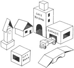 several cardboard buildings are shown in this black and white drawing, with one building on the other side