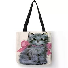 Eco-Friendly Gray Persian Kitten With Pink Bow Folding Tote Bag This Lightweight Eco Friendly Tote Bag Has A Beautiful Gray Persian Kitty With Long Fluffy Fur, With Hints Of Black And White, Adding To The Cats Elegance. She Is Wearing A Large Pink Bow Around Her Neck. A Great Gift For A Kitty Cat Lover! This Bag Would Be Perfect For Groceries, Trips To The Beach Or Pool, Library Books, And Much More. It Is Easy To Fold And Store, And Has The Same Beautiful Design On Both Sides. Measurements In T Everyday Pink Bag With Cat Design, Pink Casual Bag For Gifts, Pink Casual Bag For Gift, Casual Pink Bag For Gifts, Casual Pink Bag As A Gift, Casual Pink Bag For Gift, Pink Rectangular Bag With Cat Design, Pink Cat Design Shoulder Bag For Everyday, Casual Pink Shoulder Bag As Gift