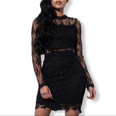 The Akira Be Around Lace Mini Dress Is Not Your Grandma’s Doilies, Made From Sheer Lace With Lining In The Skirt And Over Your Chest, Unlined In The Long Sleeves And Back, With Flowers Around The Mock Neck And Cuffs, And A Disguised Zipper Up The Back, In A Body-Hugging Mini Fit. Brand New With Tags, No Flaws. Black Lace Mini Dress With Lace Trim, Black Lace Mini Length Bodycon Dress, Bodycon Mini Dress With Lace Sleeves, Black Lace Mini Bodycon Dress, Chic Black Bodycon Dress With Lace Trim, Black Lace Trim Bodycon Dress, Spring Black Lace Bodycon Dress, Sheer Mini Length Lace Dress For Date Night, Black Lace Bodycon Dress For Spring