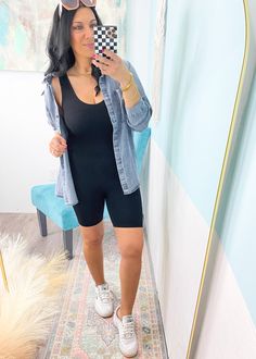 Hey Kitten' Black Ribbed Short Catsuit Romper-Cali Moon Boutique, Plainville Connecticut Shorts Jumpsuit Outfit, Romper Outfit Ideas, Black Romper Outfit, Short Jumpsuit Outfit, Kitten Black, Off The Shoulder Tee, Black Biker Shorts, Summer Outfits For Moms, Effortlessly Chic Outfits