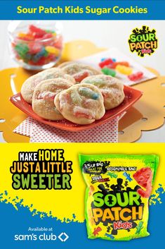 an advertisement for sour patch's sugar cookies