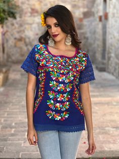 Mexican Floral Embroidered Blouse. Size S 3X. Traditional - Etsy Festival Embroidered Multicolor Top, Multicolor Floral Embroidered Blouse For Festivals, Multicolor Short Sleeve Embroidered Top For Festive Occasions, Multicolor Short Sleeve Festival Blouse, Multicolor Short Sleeve Blouse For Festivals, Blue Short Sleeve Folk Blouse, Festive Tops With Intricate Embroidery And Short Sleeves, Blue Top With Intricate Embroidery For Festivals, Traditional Blue Tops With Motif