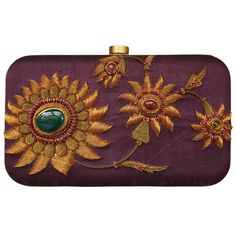 "Look your feminine best wearing this purple silk designer hard case clutch bag, hand embroidered with copper zardozi work flowers and embellished with genuine green onyx and agate gemstones. This is an eye-catching, sparkly, glittery purse, a classic design that never goes out of style. Expertly hand embroidered by third generation zardozi artisans. The word Zardozi means \"gold thread\". It is an elaborate and intricate multidimensional embroidery using metallic threads and genuine semi precio Gold Bag With Resham Embroidery For Reception, Designer Bags With Zari Work For Reception, Traditional Clutch With Dori Work For Reception, Gold Clutch With Resham Embroidery For Reception, Diwali Rectangular Evening Bag With Zari Work, Elegant Diwali Evening Bag With Zari Work, Elegant Embroidered Clutch For Diwali, Elegant Formal Clutch For Diwali, Elegant Resham Embroidery Potli Bag For Party