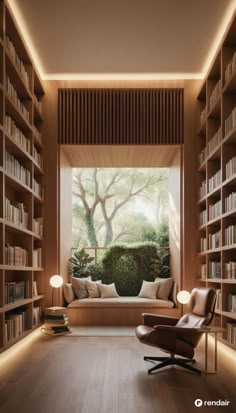 a living room filled with lots of bookshelves next to a window covered in plants