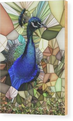 a blue peacock standing in front of a stained glass background wood print featuring an image of a