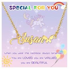 a unicorn necklace with the words special for you on it and balloons in the background