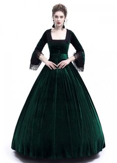 Green Velvet Ball Gown Victorian Gown D3009 - D-RoseBlooming Victorian Royalty Dress, Velvet Ball Gown, Ball Gowns Victorian, Dark Royalty, Victorian Ball Gowns, Green Ball Gown, Irish Dress, Victorian Gown, Vintage Ball Gowns