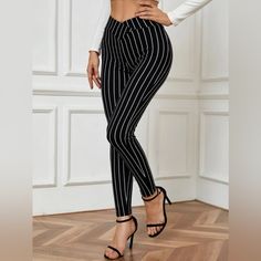 Shein Black Striped Pants High Stretch 95% Polyester 5% Elastane 624 Chic Striped High Rise Pants, Chic High Rise Striped Pants, Striped High Waist Bottoms For Fall, High Waist Striped Bottoms For Fall, Striped Fitted Pants For Night Out, Fall Striped High Waist Bottoms, Striped High-waist Fitted Bottoms, Fitted High Waist Striped Bottoms, Fitted Striped High-waisted Pants